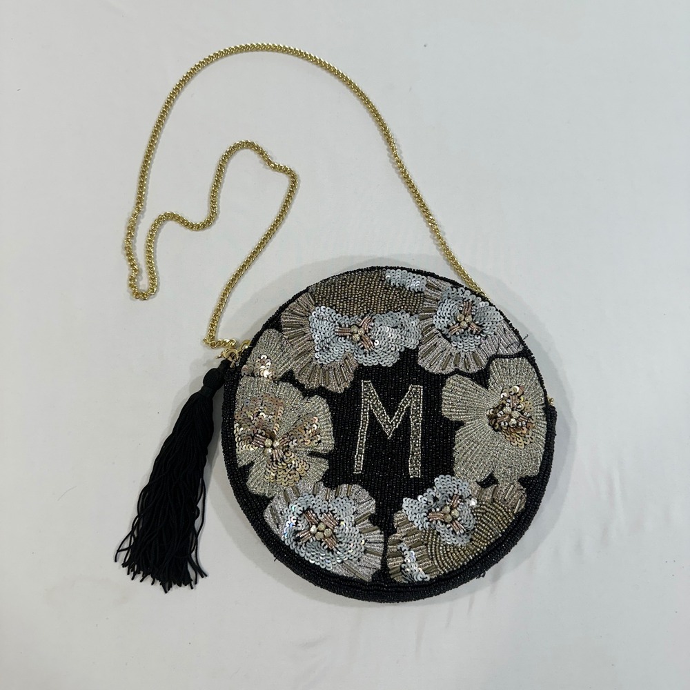 Anthropologie Anna Harlow Russo Beaded Floral M Initial Crossbody Bag Black Gold